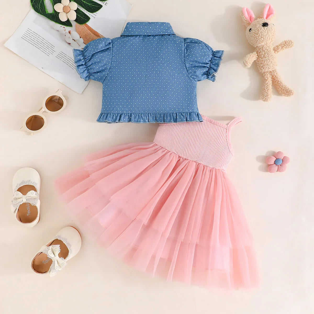 1-4Y Fashion Children Kids Girl 2Pcs Spring Outfit Butterfly Print Short Sleeve Tops+Suspender dress Set Outfit Kid Girl Clothes