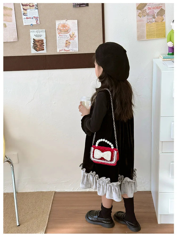 Sweet Bow Children's Small Square Shoulder Bag Sequin Lace Princess Girls Crossbody Bags Pearl Handle Coin Purse Handbags Gifts