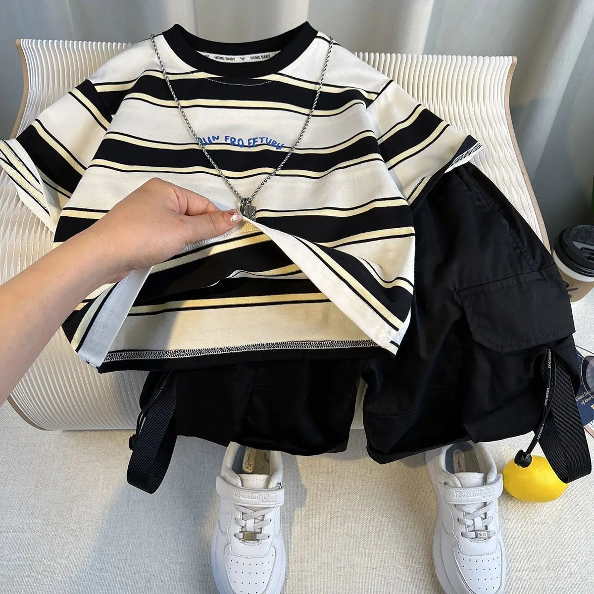Korean Boys Summer Children's Top and Bottom 2PC Sets Short Sleeve T-Shirt & Denim Shorts Kids Clothes 1-7 Years Black Toddler
