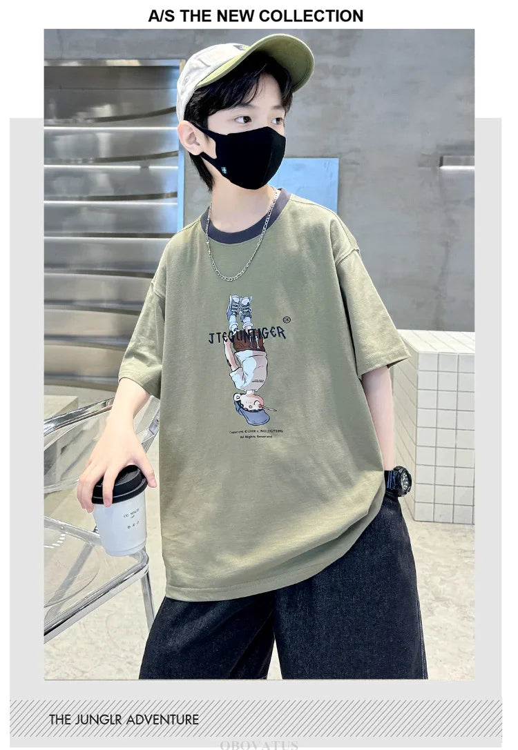 Summer Tees Tops for Teen Boy Cotton T-Shirt New Short Sleeve Fashion Cartoon Tshirts for Children Korea Kids Luxury Clothes