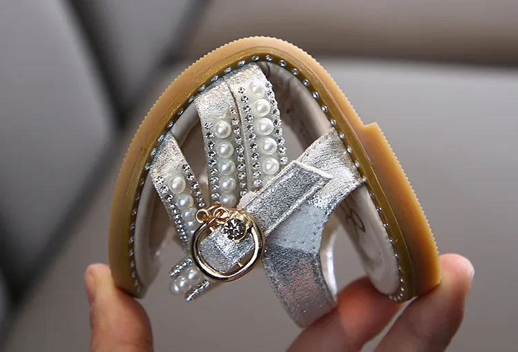 Summer Children's Sandals Korean Style Open-toe Kids Girls Causal Rhinestone Pearl Flats Sandals Fashion Princess Dress Shoes