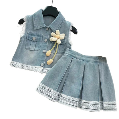New Baby Girl Summer Denim Set, Children's Lace Splicing Top and Skirt Set