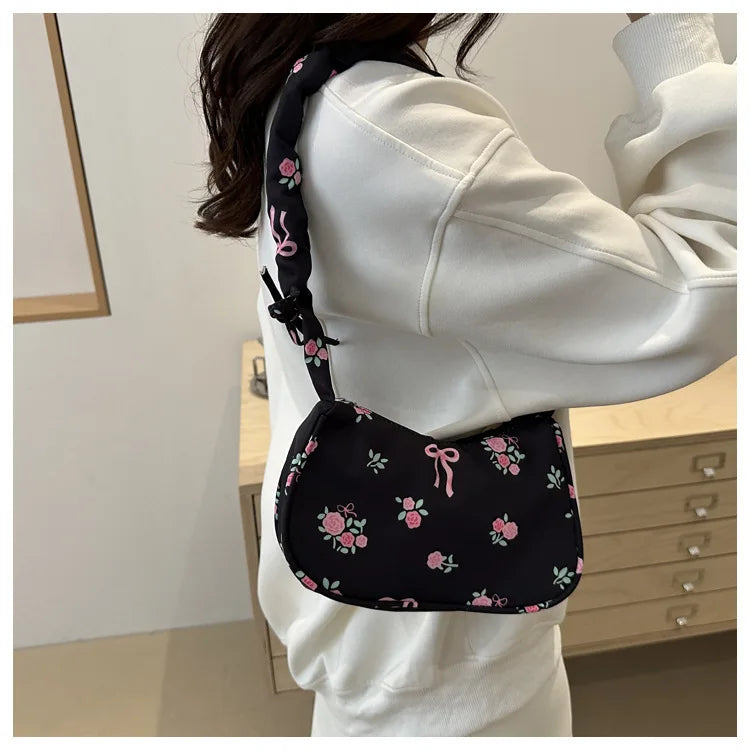 Women's Bags  Summer Nylon Pleated Handbags Armpit Bag Korean Floral Bow Printed Zipper Tote Bag Female Small Shoulder Bags