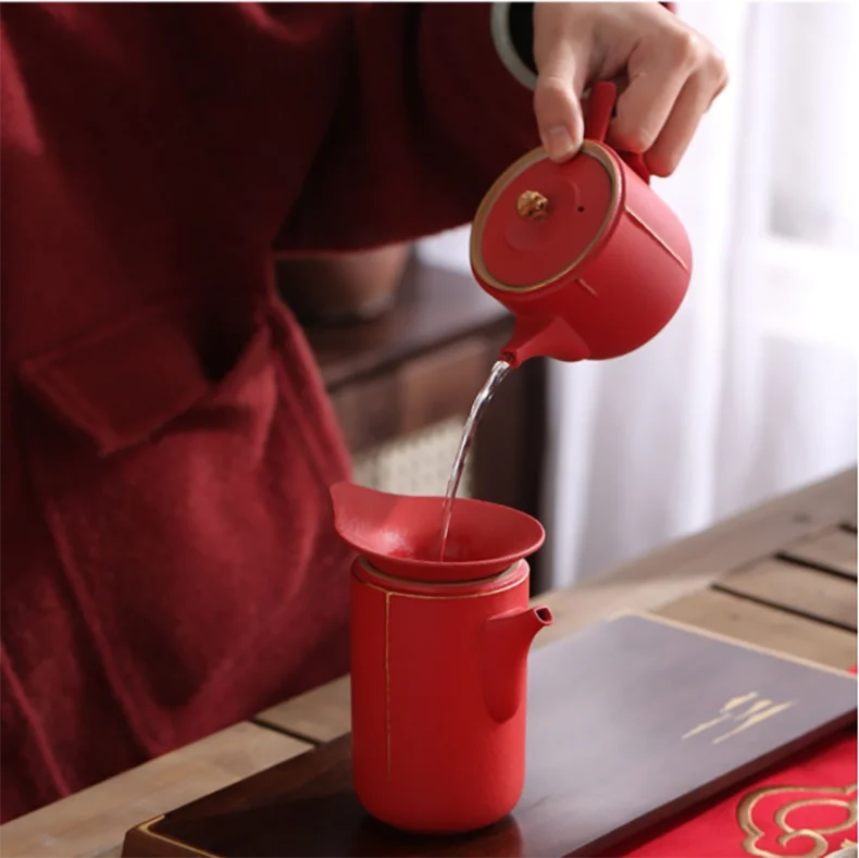 Traditional Chinese Tea Set, Porcelain Teapot, Stainless Steel, Tea Strainer, Cup, Bride and Groom Gifts, Traditional Red, Wed