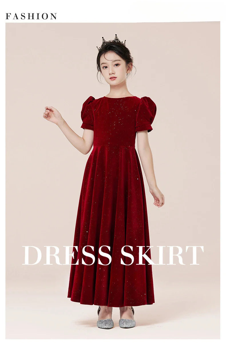 Kids Party Dress Clothing For Birthday Princess  Wine Red Piano Wedding Flower Girl Host Children's Formal Dress