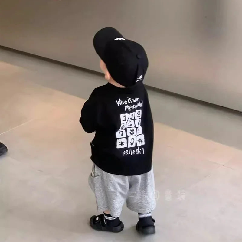 Boys' Short Sleeved Pure Cotton Base Shirt Loose Breathable Handsome Letter Button Stylish