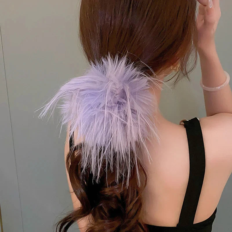 Large Feather Hair Rope Women Lady Elegant Black White Feather Elastic Hair Band Winter Headwear Fluffy Hair Scrunchy Hair Ring