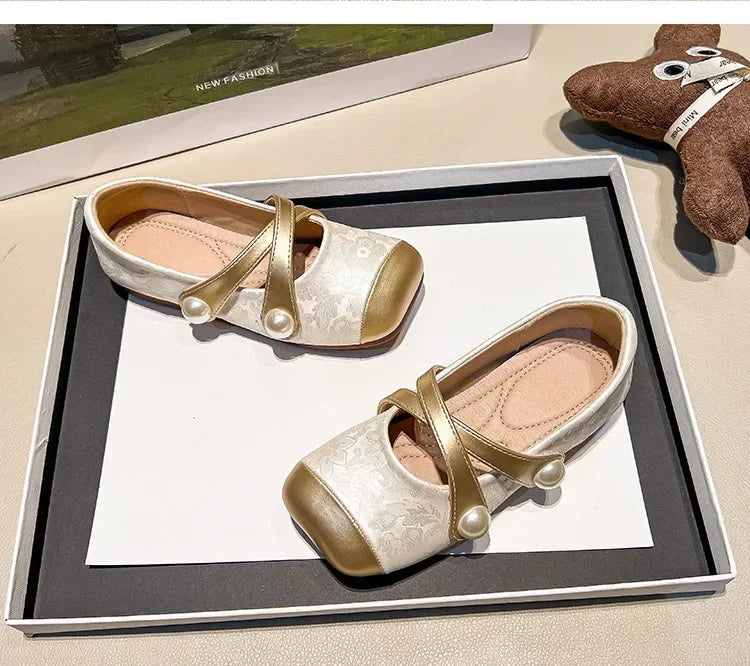 Spring Autumn Chinese Style Pearl Small PU Shoes Retro Versatile Girls Square Head Shallow Mouth Flats
