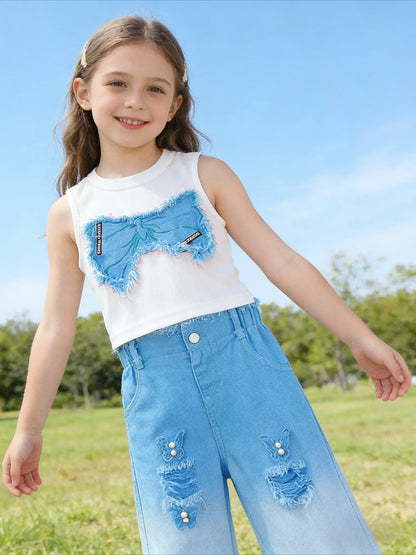 Girls Summer Outfit Set – Sleeveless Bow Top & Gradient Ripped Denim Wide Leg Pants, Fashionable Kids Casual Wear