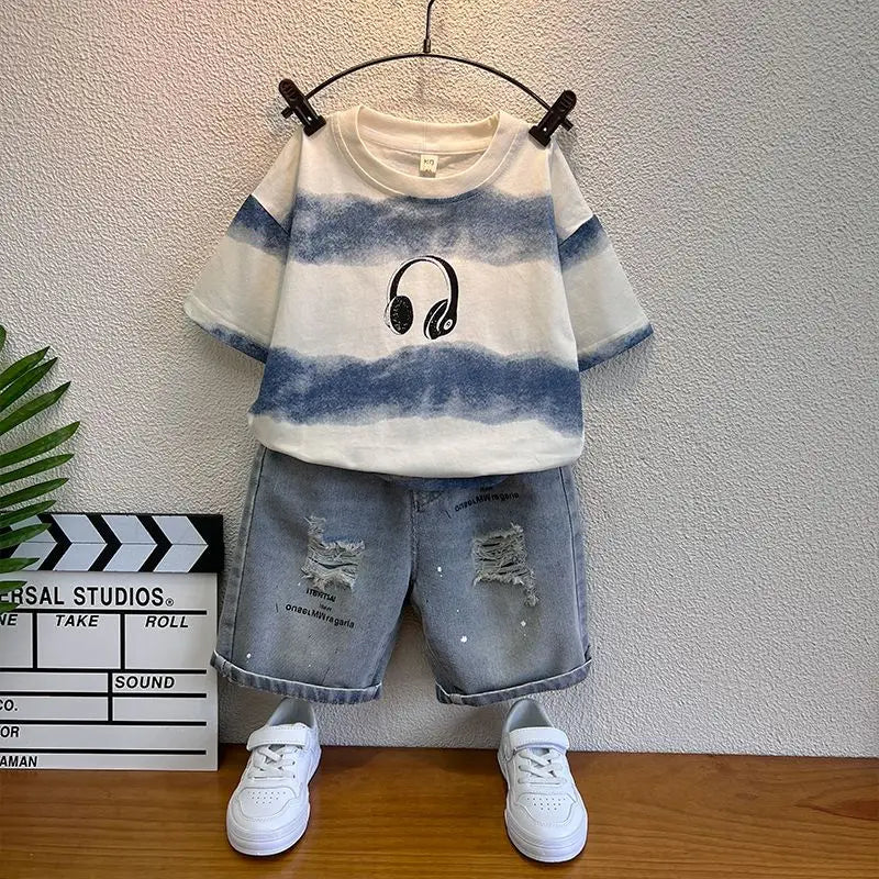 New Boys Sleeveless Vest Denim Shorts 2PC Sets Outdoor Festival Clothing Vintage Print Kids Miracle Design 2-10 Years White Tops