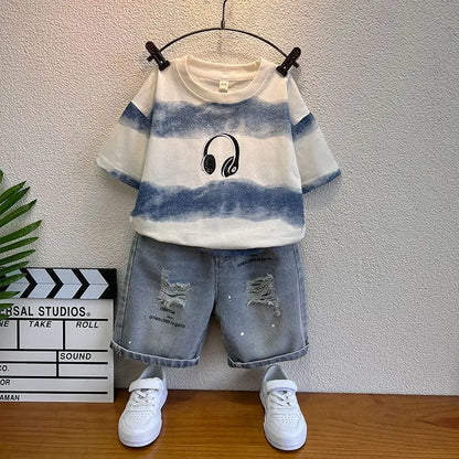 New Boys Sleeveless Vest Denim Shorts 2PC Sets Outdoor Festival Clothing Vintage Print Kids Miracle Design 2-10 Years White Tops