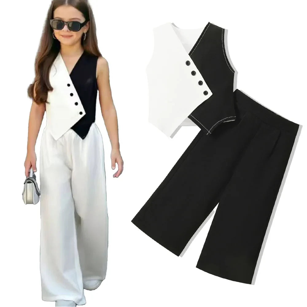 Summer Baby Girl Suits Toddler Clothes Set Black Whit Vest Wide Leg Trousers Flare Pants Kids Outfit Elegant Fashion Children
