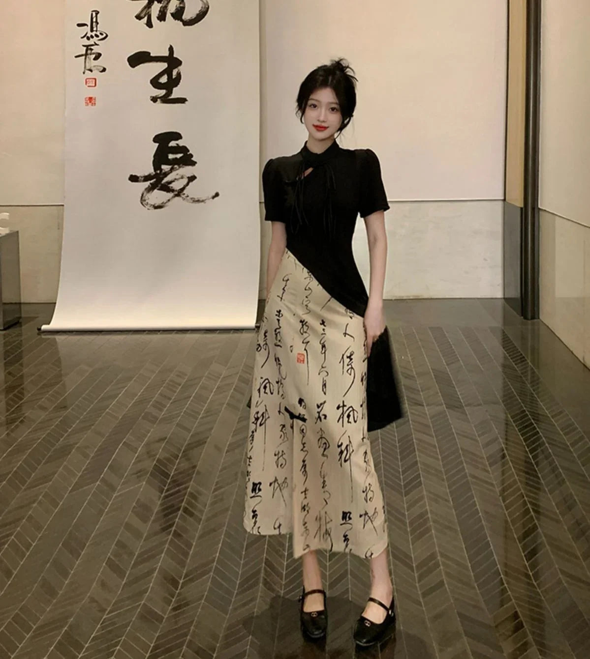 New Chinese Style High Grade Irregular Calligraphy Half Body Dress Fashion Qipao Two Piece Set Skirt Women's Summer Hanfu Suit