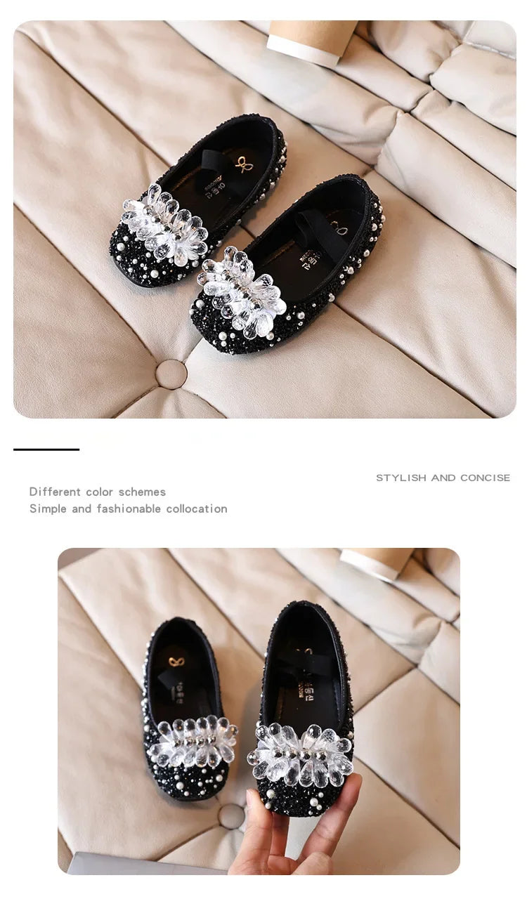 Children's Shoe for Girl Fashion Rhinestone Kids Leather Shoes Sequins Princess Ballet Slip-on Versatile Toddler Casual Shoes
