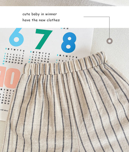 Set Children Unisex Summer New Style Cotton Stripe Pocket Shirt Polo Collar Shourts Fashion Casual Brief Versatile Korean