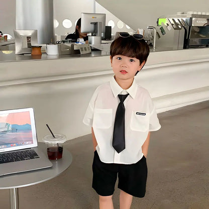 Teens Boys Summer Set Children's Wear Thin 2025 New Handsome British Style Boy White Cotton Short Sleeved Shirt+Black Shorts+Tie
