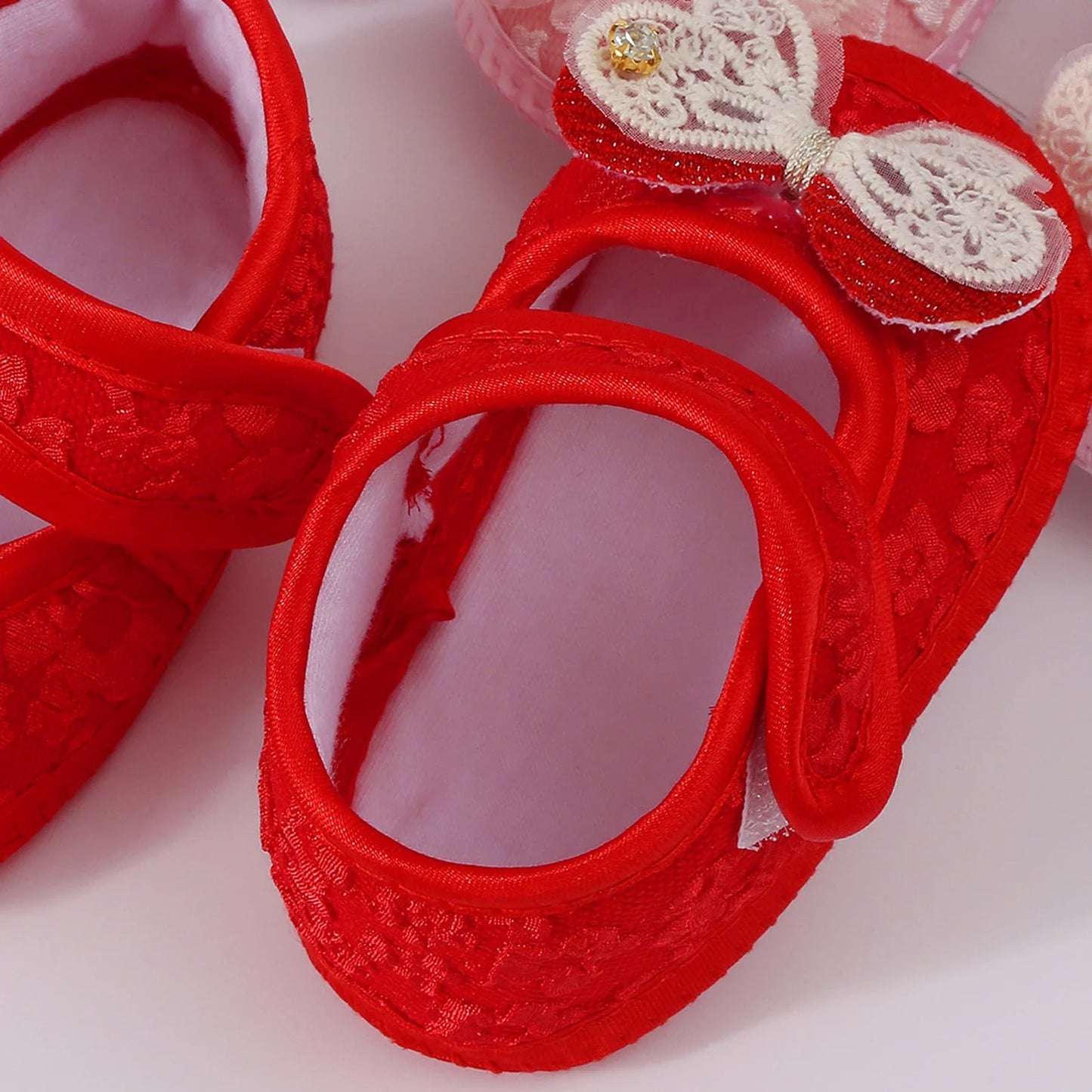 Baby Girls Princess Shoes and Turban Hat Set Bow Decor Lace Soft Non-slip Bottom First Walking Shoes