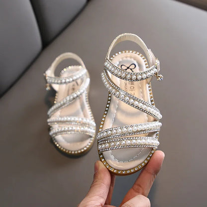 Summer Children's Sandals Korean Style Open-toe Kids Girls Causal Rhinestone Pearl Flats Sandals Fashion Princess Dress Shoes