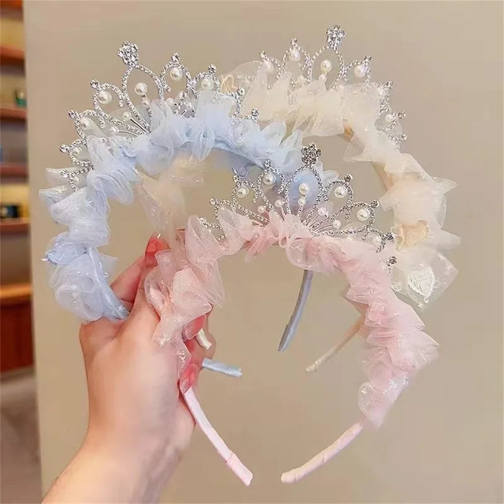 Sweet Princess Headband for Girl Mesh Pearl Crown Hair Hoop for Children Birthday Party Headwear