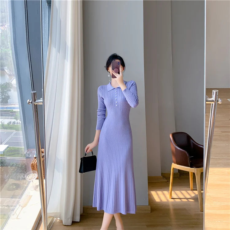 Sweater Dress Women New  Autumn Winter Purple White Or Black High Waist A Line Dress Elegant Long Knitted Dress