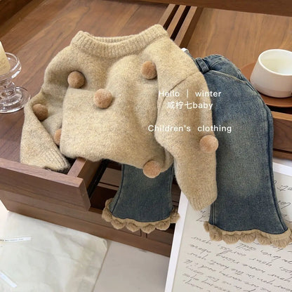 Autumn Tops's Girls Knitted Pullover Sweater Casual Simple Balloon Top Coat Winter Baby Clothing Fur Ball Design 1PCS   (Available)