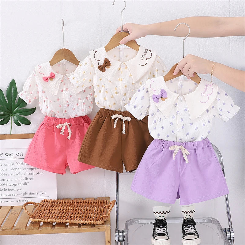 Summer Fashion Baby Clothes Suit Children Short Sleeved Flower Shirt Shorts 2Pcs/Sets Kids Girls Clothing Infant Casual Costume