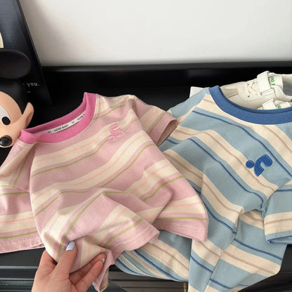 Summer Cotton Children Striped Short Sleeved Embroidered T-shirt for Boys and Girls Korean Versatile Short T-shirts Fashion Top