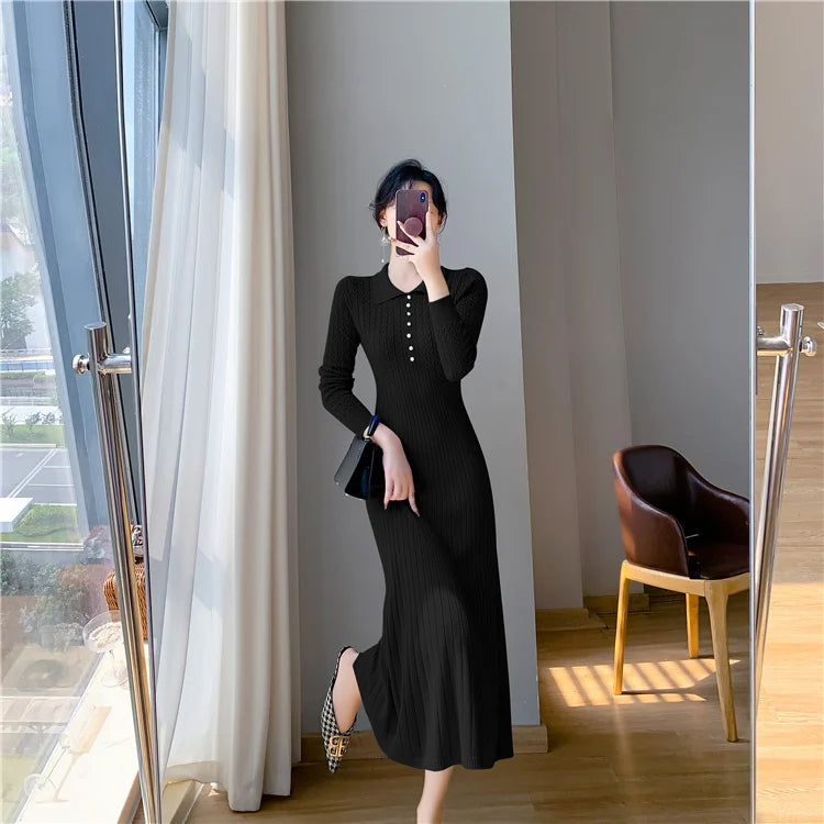 Sweater Dress Women New  Autumn Winter Purple White Or Black High Waist A Line Dress Elegant Long Knitted Dress