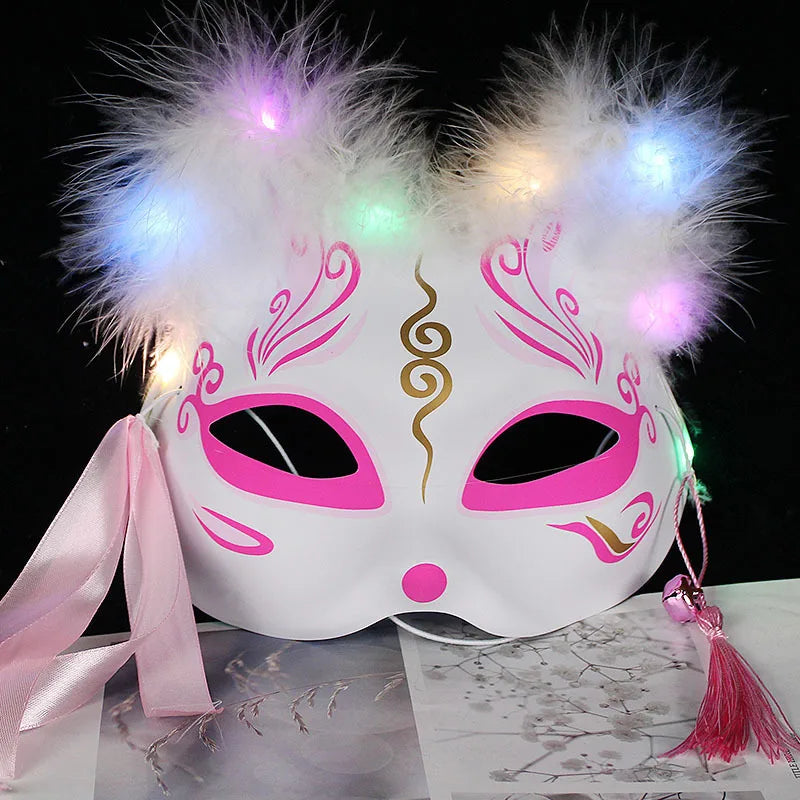 Luminous Feather Fox Mask Half Face Cat Anime Fox Mask Children Luminous Mask Eye Mask Makeup Party Role Play Props