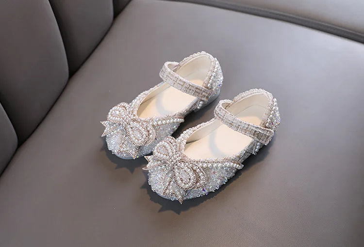 Girls Shoes Bling Single Shoes for Stage Performance Mary Janes Bow Crystal Glitter Wedding Flats Dance Party Leather Shoes New