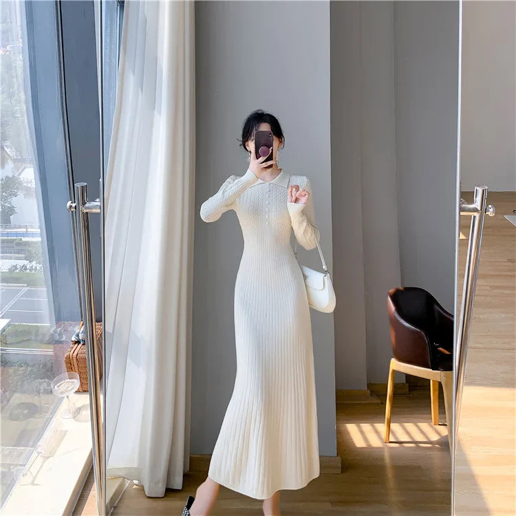 Sweater Dress Women New  Autumn Winter Purple White Or Black High Waist A Line Dress Elegant Long Knitted Dress