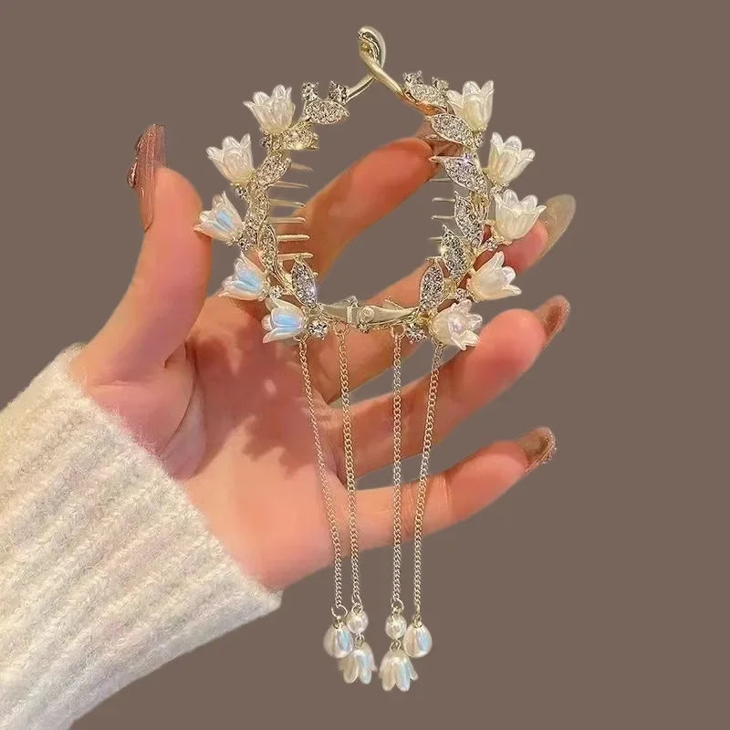 Ladies Butterfly Rhinestone Pearl Metal Hair Claw Round Bun Ponytail Holder