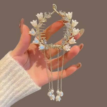 Ladies Butterfly Rhinestone Pearl Metal Hair Claw Round Bun Ponytail Holder