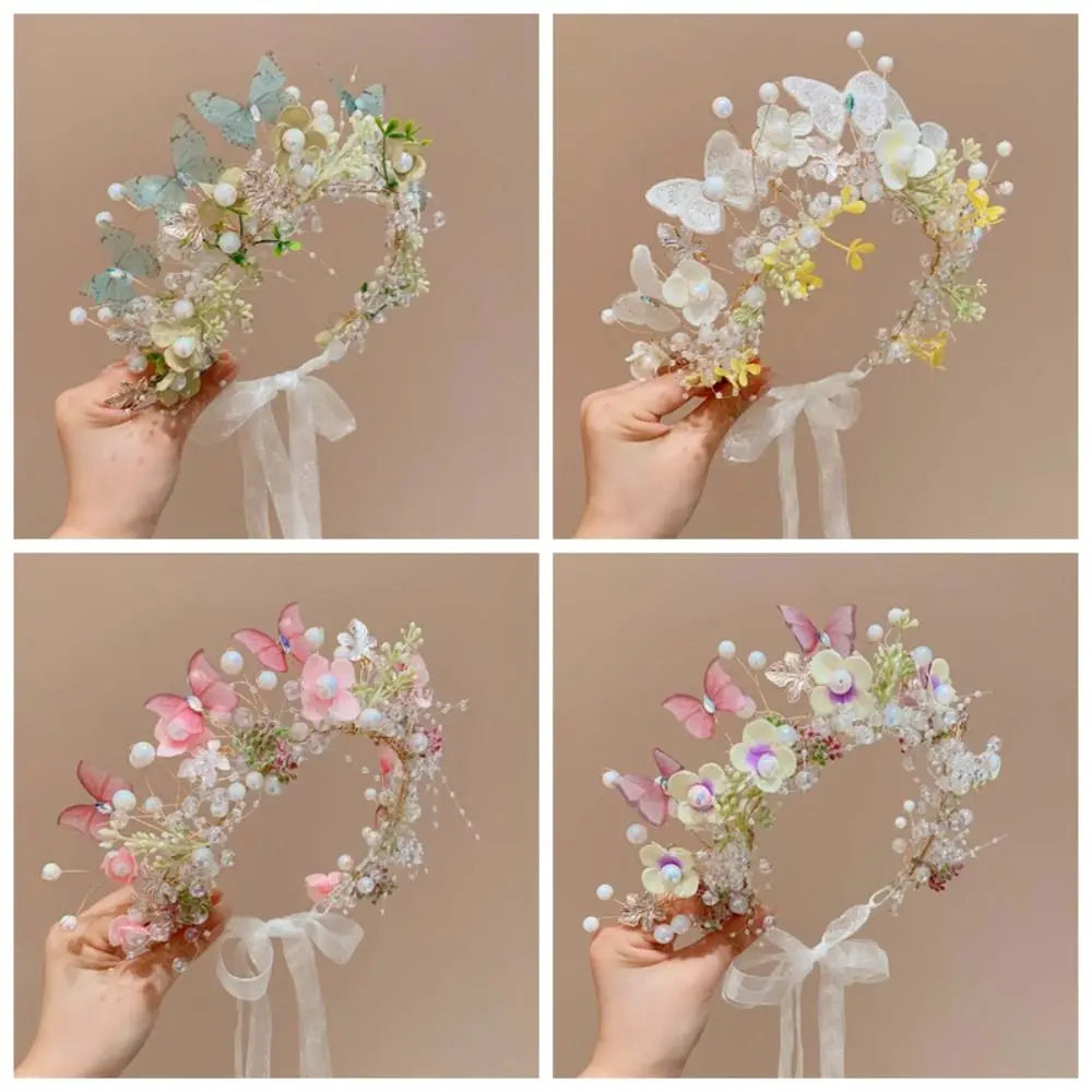 Butterfly Fairy Hair Hoop Beads Simulation Flower Flower Headdress Hair Ornaments Adjustable Wreath Headband