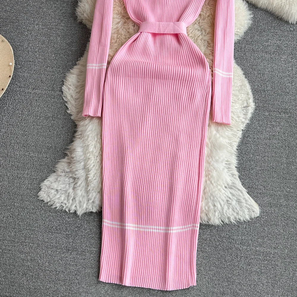 Women Dress  Autumn Winter Elegant Rib Knit Long Pencil Dress with Belt Office Lady Bodycon Sweater Dress Vestidos