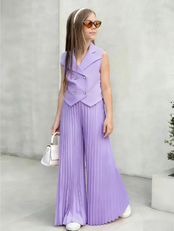 2025 Little Girls 2-Pieces Western-Style Outfit for Girls: Sleeveless Blazer Top+Wide-Leg Pleated Pants