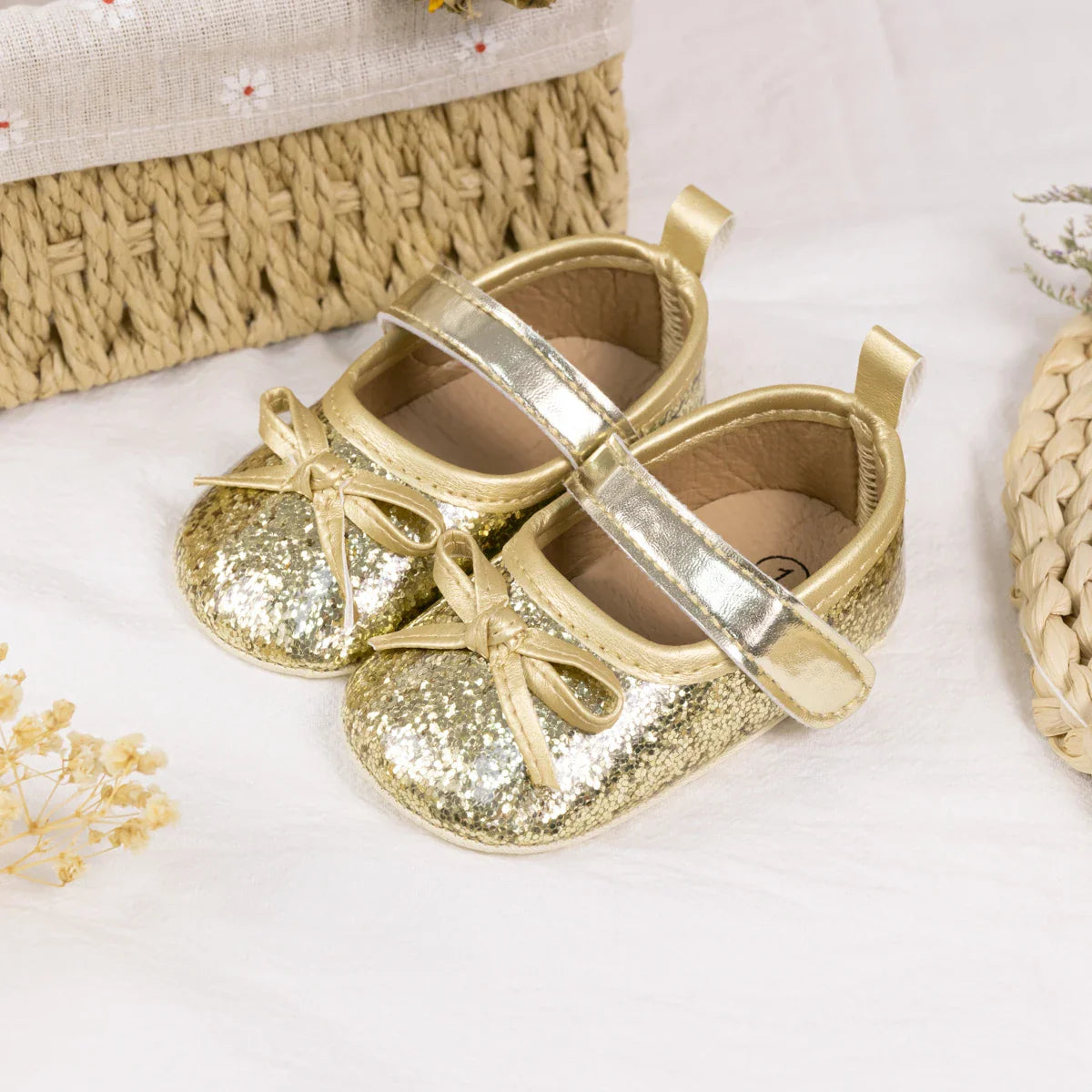 Gold Tie Cute Bow Flower Baby Princess Shoes Wedding Birthday Party Non-Slip Soft Sole Baby Toddler Shoes