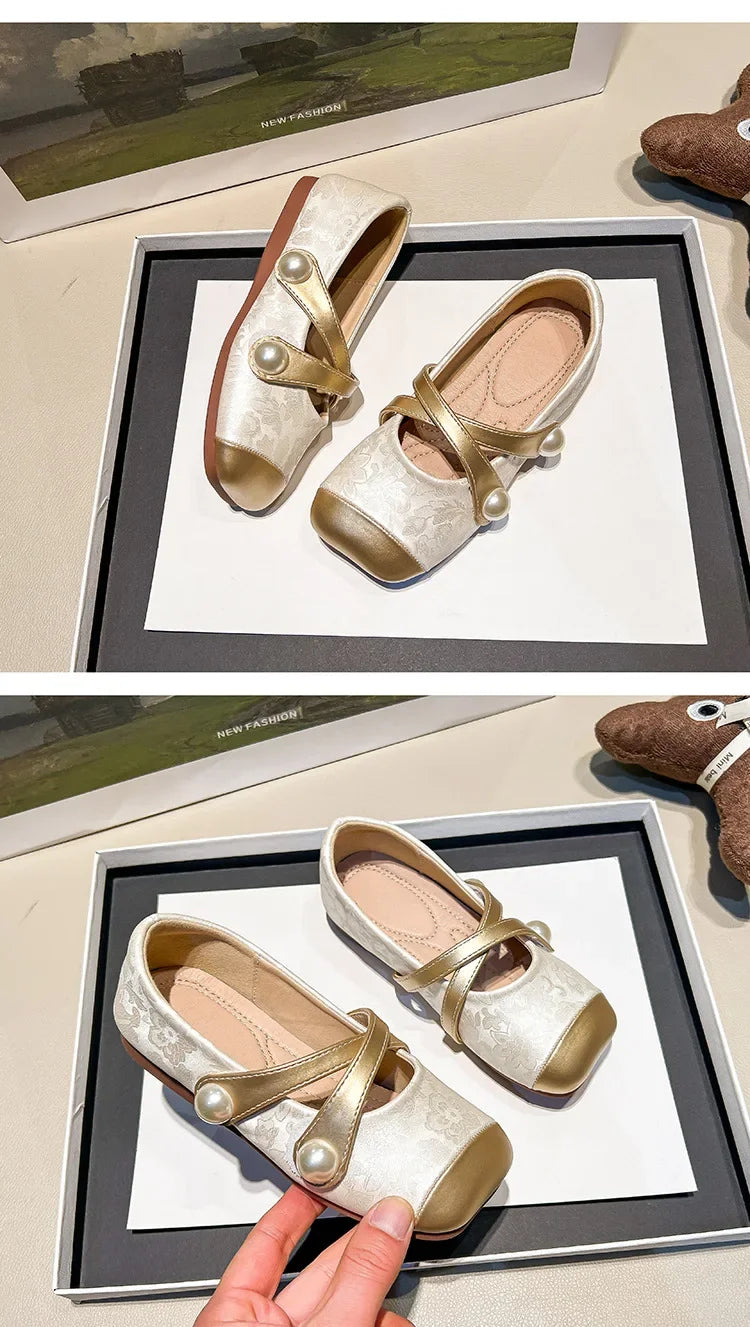 Spring Autumn Chinese Style Pearl Small PU Shoes Retro Versatile Girls Square Head Shallow Mouth Flats