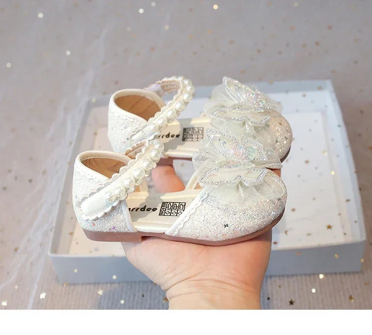 Girls Dress Shoes for Wedding Party Bling Sequins with Rhinestone Butterfly Sweet Princess Chic Kids Flat Shoes Lace Beaded