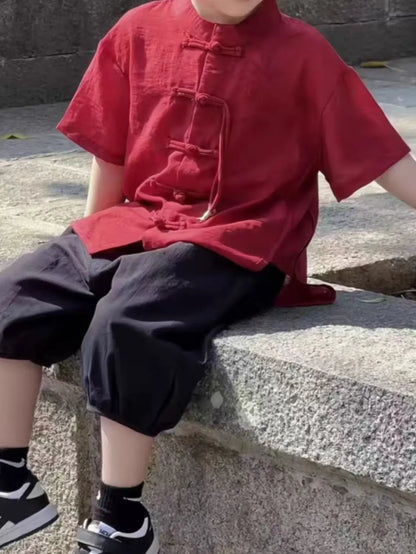 Chidren Clothing Set Casual Boys Summer Chinese Style Short Sleeve Shirt Shorts 2 PCs Set Kids Chinese Traditional Clothing