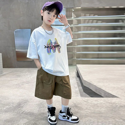 Clothing Sets Big Children Short-sleeved Top+Shorts Suits Teenager T-shirt Loose Sports 2Pcs Outfits