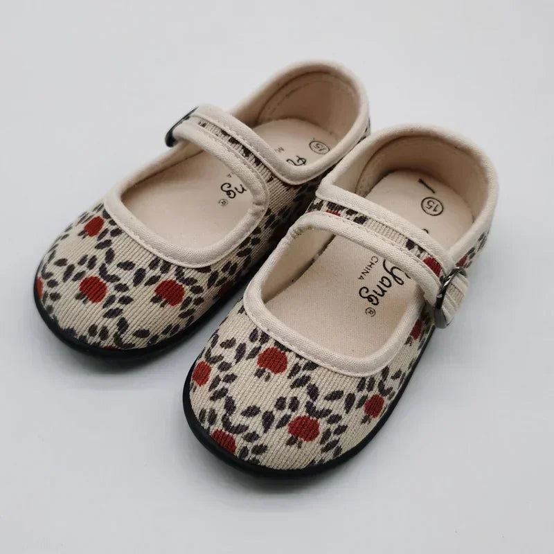 New Corduroy Floral Canvas Shoes Girls Square Mouth Indoor Shoes Soft Soled Non-slip Shoes