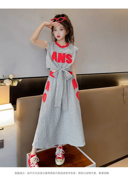 Girls Clothes Summer Kids Fashion Letter Vest + Skirt 2pcs Set Children Clothing Suit Teen Girl Plaid Bowknot Sleeveless Outfits