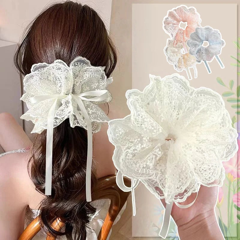 Lace Scrunchies for Women Elastic Hair Bands Ponytail Holders Tie Solid Color Hair Hoop Scrunchy Rubber Bands Women Hair Ring