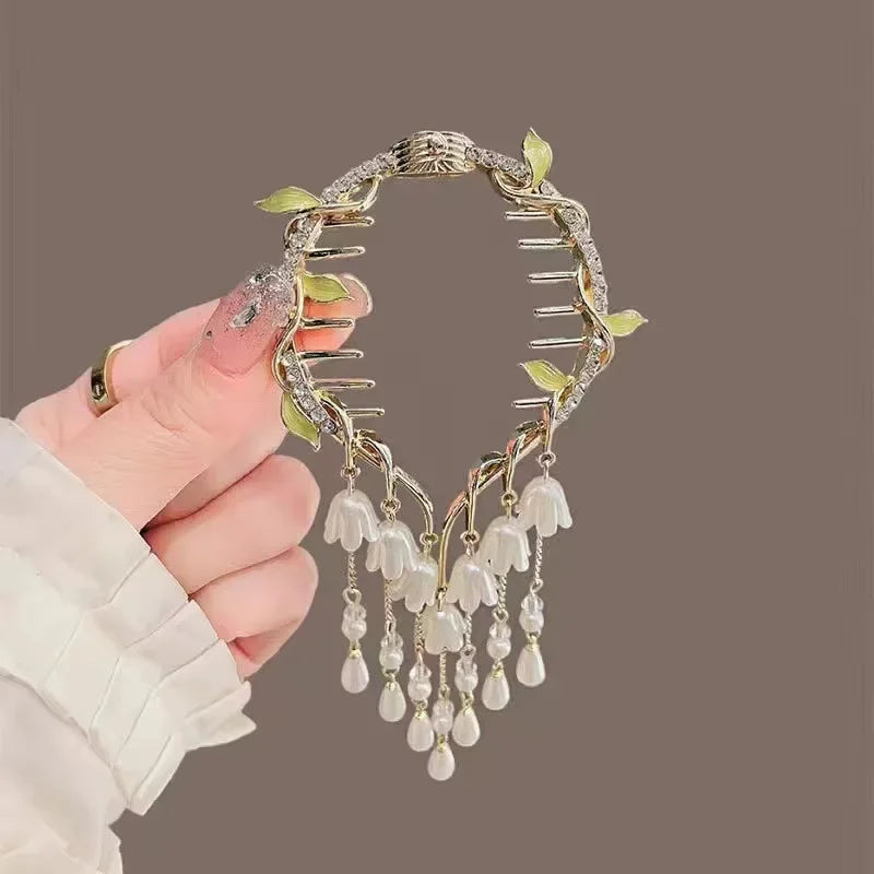 Ladies Butterfly Rhinestone Pearl Metal Hair Claw Round Bun Ponytail Holder