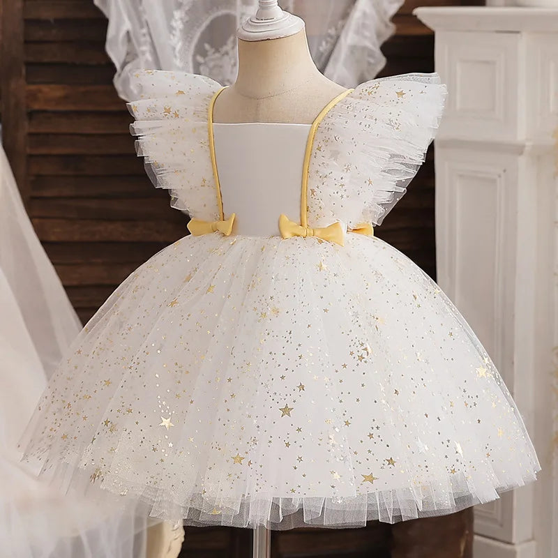 Child's Party Dress Children's Summer Princess Bow Star Sequin Gauze Skirt Girls Skirt Sweet Dress Fashion Kid's Dress Puffy