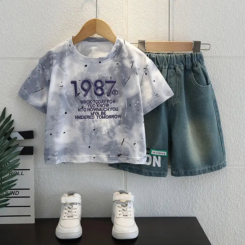 Korean Boys Summer Children's Top and Bottom 2PC Sets Short Sleeve T-Shirt & Denim Shorts Kids Clothes 1-7 Years Black Toddler