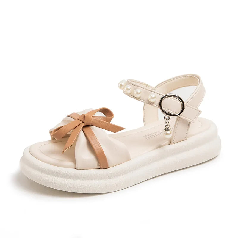 Girls Sweet Princess Sandals Soft Bottom Children Summer Beach Shoes Non-Slip Soft Sole Kids Flats Beading Sandals with Bow-knot