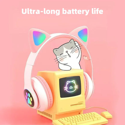 P47M Wireless Headphone Flash Light Cute Cat Bluetooth with Mic Control LED Stereo Music Helmet Phone Bluetooth Headset Gift