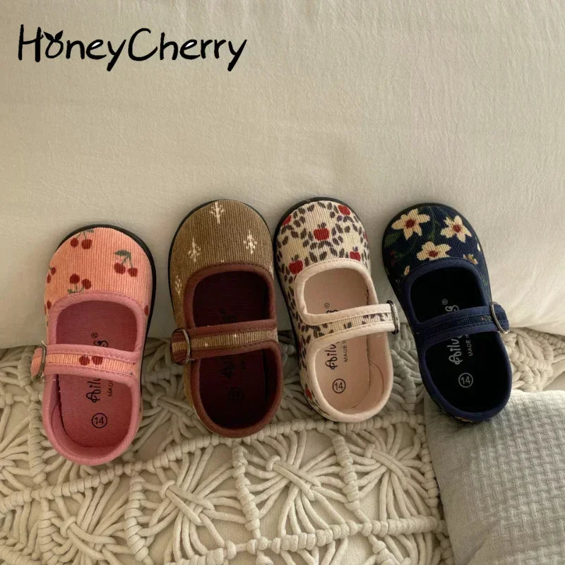 New Corduroy Floral Canvas Shoes Girls Square Mouth Indoor Shoes Soft Soled Non-slip Shoes